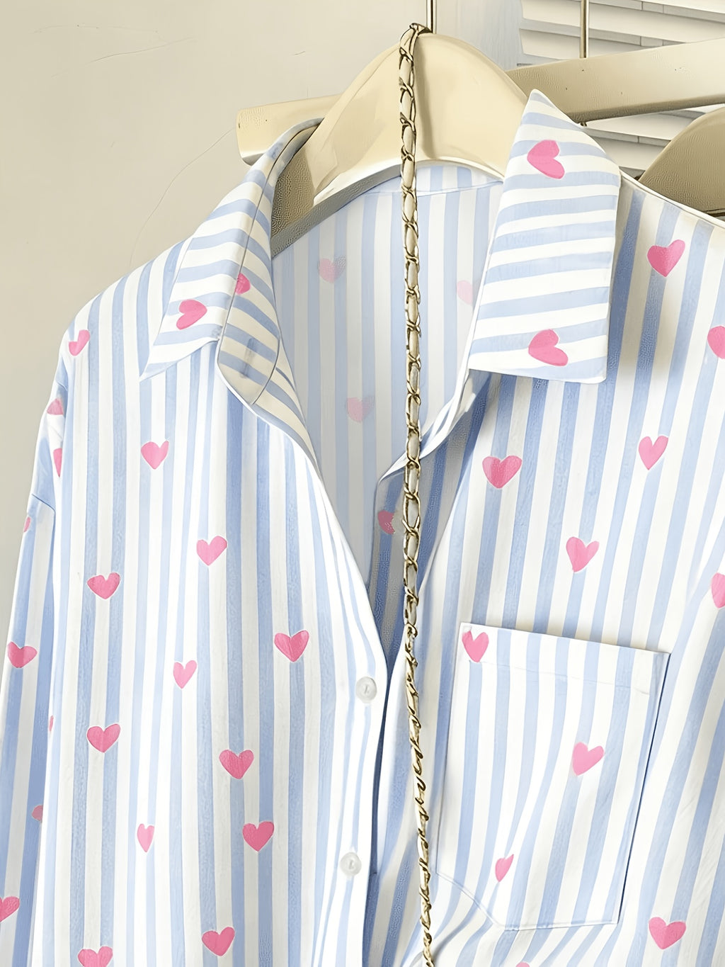 Women's Casual Loose Striped Heart Print Shirt - Blue