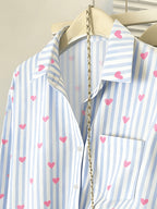 Women's Casual Loose Striped Heart Print Shirt - Blue