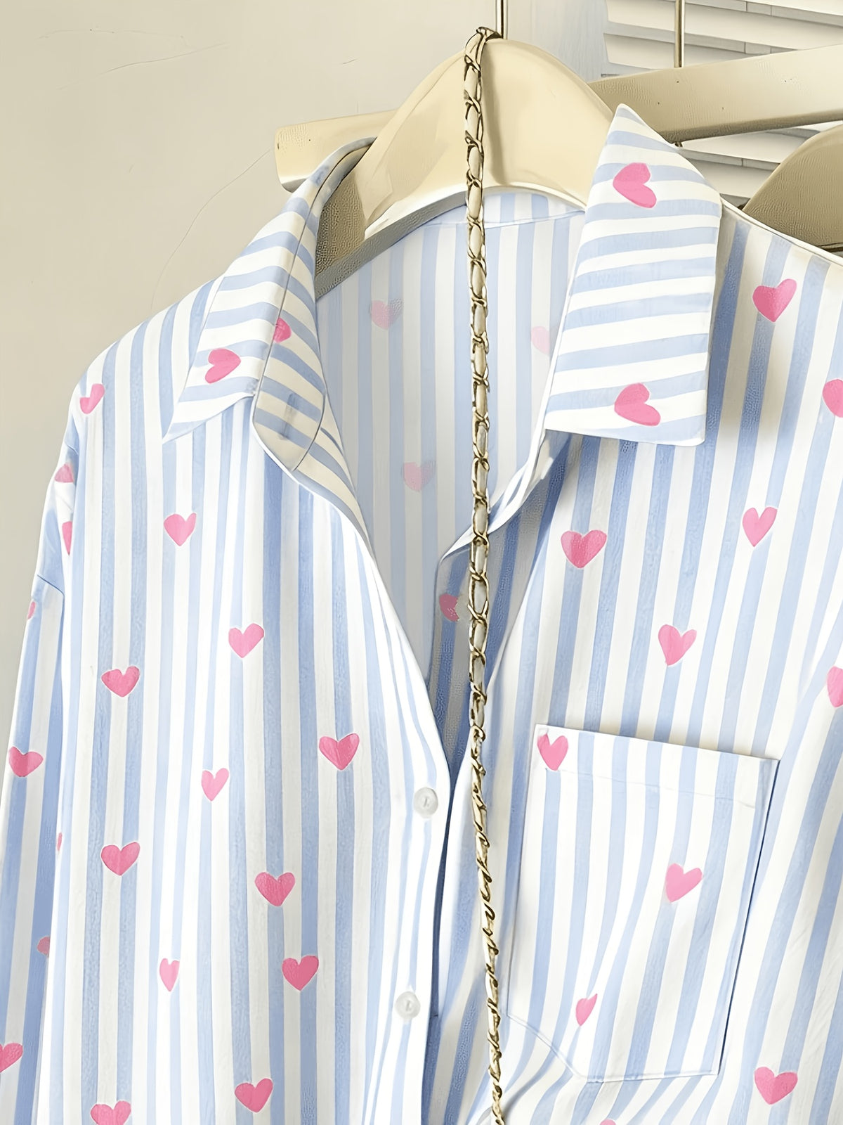 Women's Casual Loose Striped Heart Print Shirt - Blue