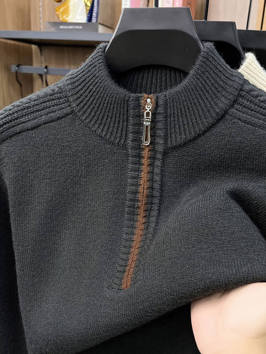 Men'S Thickened Semi-Open Zipper Stand Collar Knit Sweater, Ribbed Cuffs And Hem, Autumn/Winter Style, Single Wear And Layering, Light Mature Business Casual Style - Gray Green
