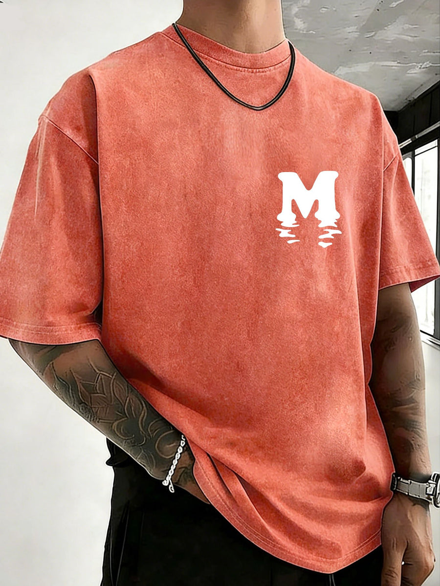 Unisex 100% Cotton Washed Vintage Crew Neck Short-Sleeve T-Shirt, Double-Sided Position Print, Trendy Loose Casual Top, 12 Colors Available - Orange