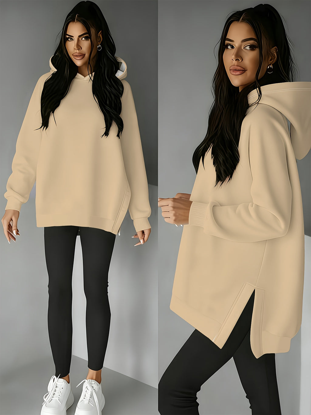 Fashionable Women'S Hooded Sweatshirt with Side Slit Design, Suitable for Autumn And Winter, Perfect for Casual Wear, Light Khaki Solid Color Easy Commuter Loose Sweatshirt - Mixed colors