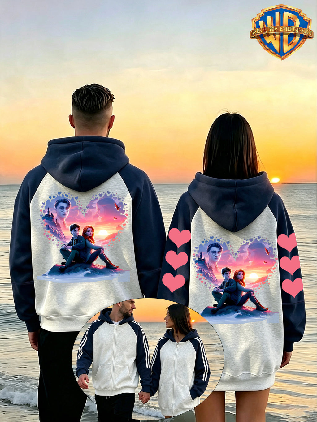 [1pc Pc] Warner Authorized Cartoon Classic Couple Style Sweatshirt WB Classic Movie Character Heart-Shaped Castle Sunset Background Back Print Couple Shoulder-Length Long Sleeve Hooded Top Trendy Fashion All-Match Street Comfortable Casual Jacket Na - Men-Navy Blue