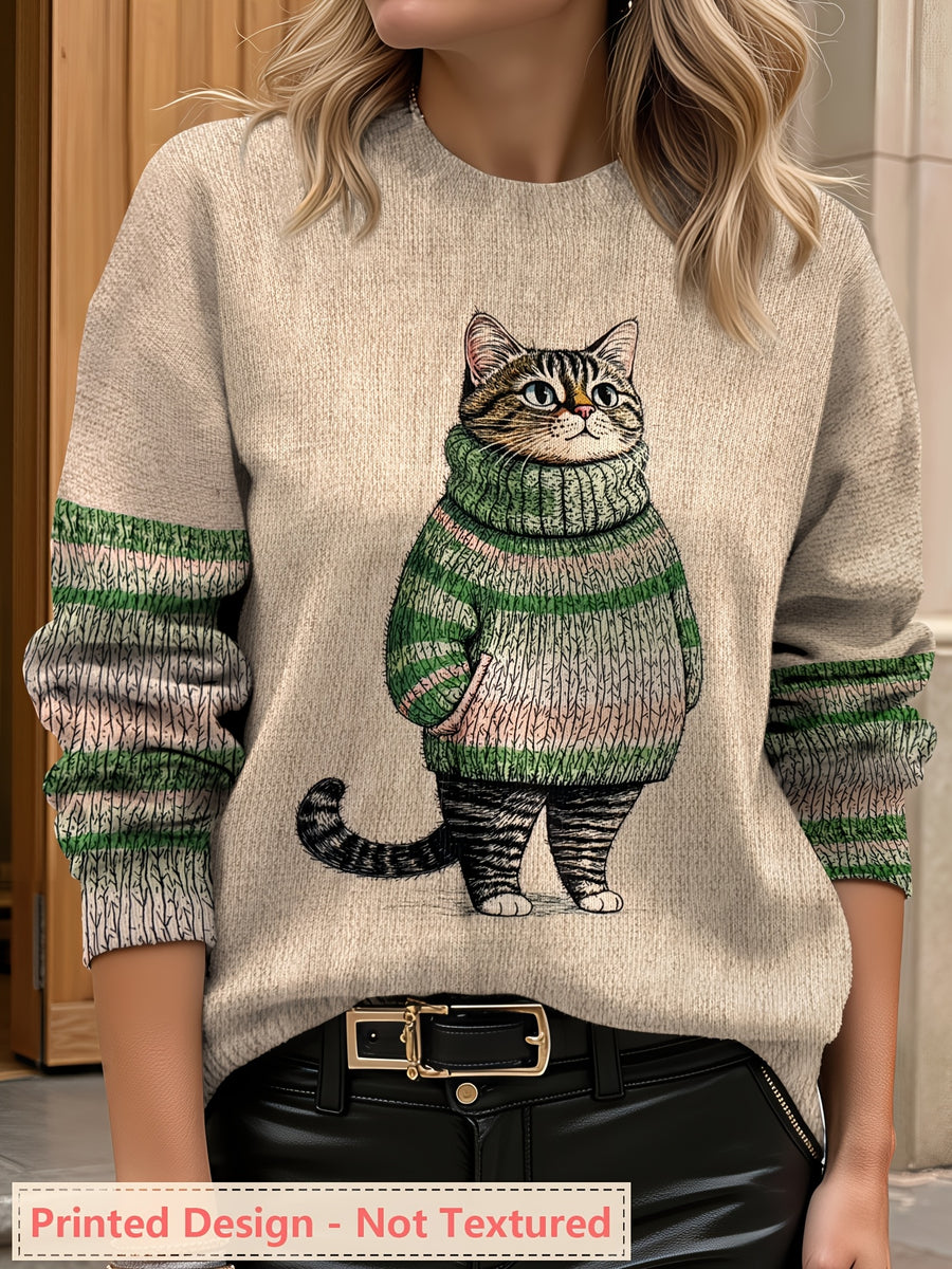 Plus Size - Plus Size - Plus Size Women'S for All Over Printed Long Sleeve Universal Crew Neck Lightweight Sweater, Trendy Wear, Cat Pattern, Perfect for Casual Elegance Style Outfits - Suitable for All Seasons - Green