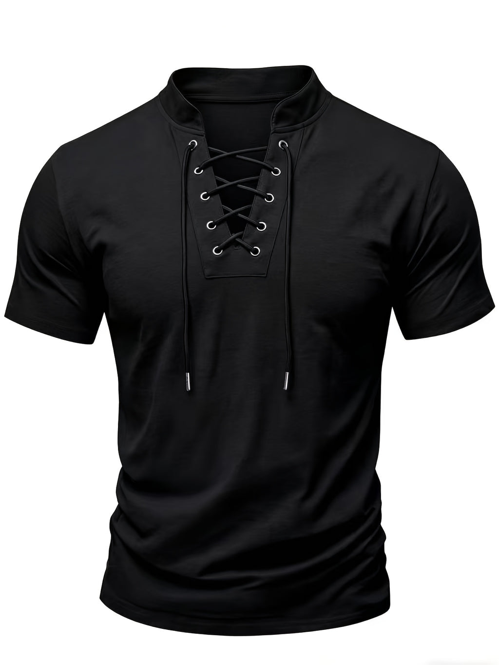 Summer Latest Men'S Individual Design Stand-Up Collar T-Shirt, Fashionable Western Style Trendy High Street Short Sleeve - Midnight Black