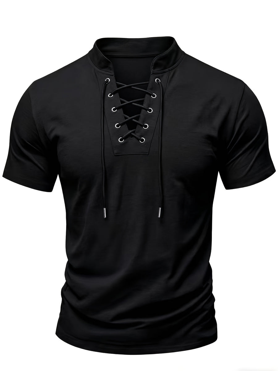 Summer Latest Men'S Individual Design Stand-Up Collar T-Shirt, Fashionable Western Style Trendy High Street Short Sleeve - Midnight Black