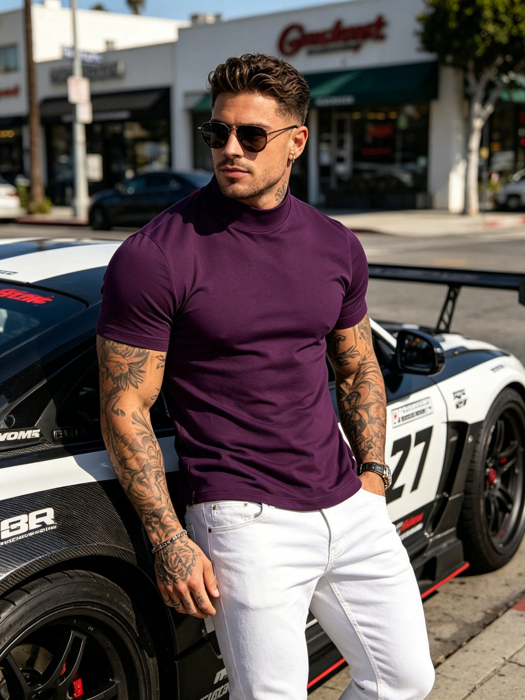 3pcs Fashionable Men's Cotton Sport Tops, Summer/Spring-Summer New Arrival, Skin-Friendly, Small Stand-Up Collar, Short Sleeve, Slim Fit, Casual, Men's Trendy, Versatile, and Simple Style - Multicolor 6