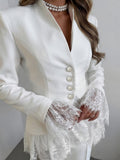 New Vintage Elegant Lace Ruffle Blazer, Stand Collar, Waist-Cinching, Single-Breasted Pearl Buttons, Long Sleeves, Irregular Lace Patchwork Evening Suit Jacket - White
