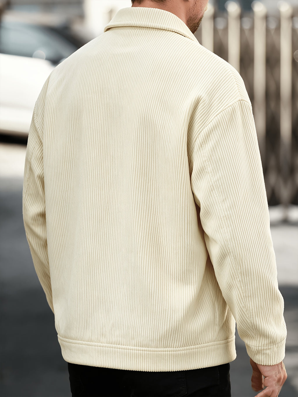Men's American-style Corduroy Casual Jacket, Simple Casual Style, Lapel Collar, Single-Breasted with Multiple Pockets, Letter Embellishment, Comfortable Draping Fabric, Versatile Men's Apparel for Office Workers' Commuting and Outings in Spring - Milky White