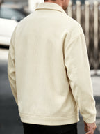 Men's American-style Corduroy Casual Jacket, Simple Casual Style, Lapel Collar, Single-Breasted with Multiple Pockets, Letter Embellishment, Comfortable Draping Fabric, Versatile Men's Apparel for Office Workers' Commuting and Outings in Spring - Milky White