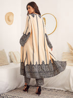 ZD0810056 New Middle Eastern Ethnic Artistic Pattern Robe Set for Women, Casual Elegant Comfortable Daily Outing Family Gathering Muslim Eid Loose Cardigan + Printed Wide-Leg Pants Casual Two-Piece Set - Apricot