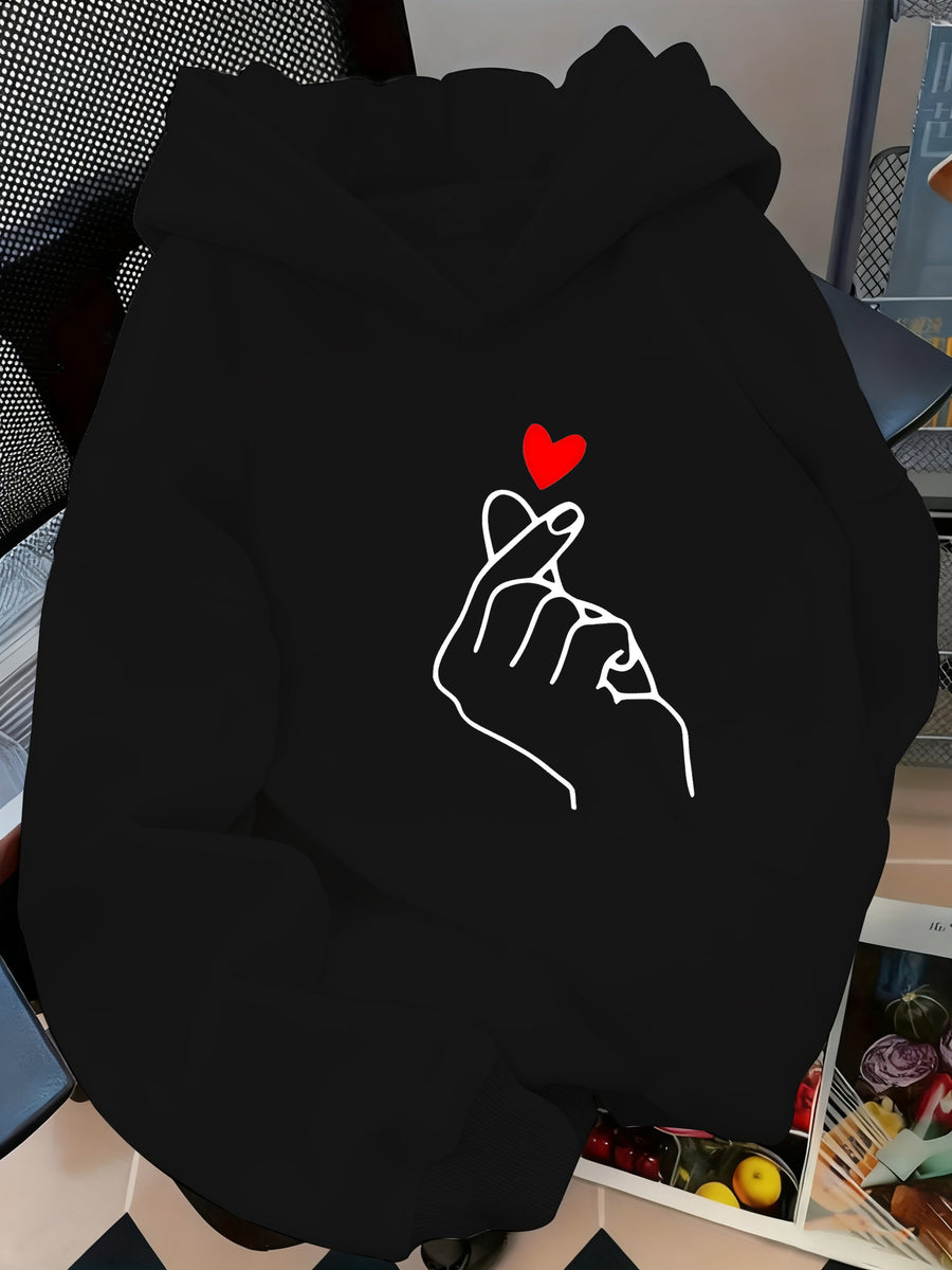 A Stylish And Minimalist Hoodie with a Heart Gesture Print, Perfect for Casual Wear, Campus Life, And Couples. This Versatile Long-Sleeve Sweatshirt Is Comfortable for Autumn And Winter - Black