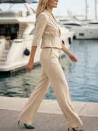 New Elegant and Graceful Lightweight Mid-Sleeve Suit Top with Waist Pleat Design + Wide-Leg Long Pants with Pockets, Back Elastic Waist, and Tie Detail, Stylish Commuter 2pcs Set - Light Khaki