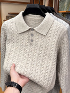Men's Lapel-neck Autumn/winter Warm Sweater, Classic Cable Knit Texture with Soft, Skin-friendly Fabric, Casual and Fashionable Everyday Knitwear - Off-white