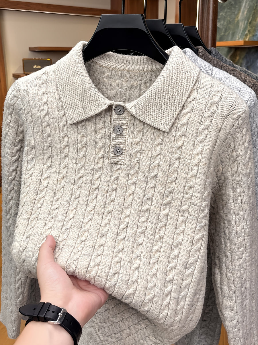 Men's Lapel-neck Autumn/winter Warm Sweater, Classic Cable Knit Texture with Soft, Skin-friendly Fabric, Casual and Fashionable Everyday Knitwear - Off-white