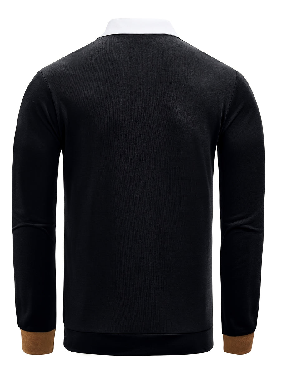 2025 Cross-Border European and American Fashion Men's Shirt Collar Long-Sleeve T-Shirt, Pocket Patchwork; Cuff Patchwork Style; Casual Long-Sleeve Lapel Polo Shirt;, Regular Fit, Autumn, Daily - Black