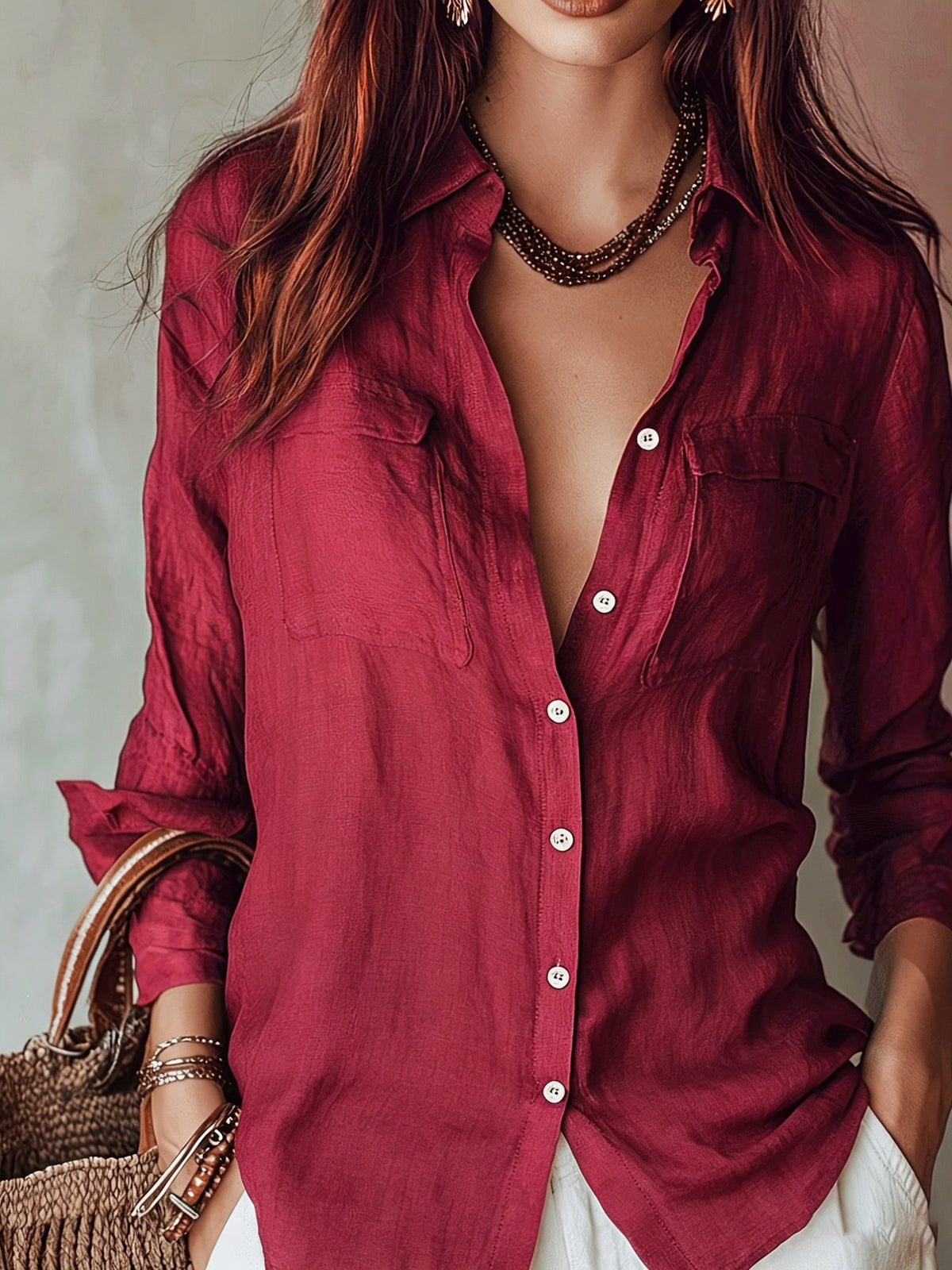 Women's Elegant Casual Solid Color Long Sleeve Shirt, Breathable Soft Fabric, Spring Summer Autumn 2026 New Top - Deep Red