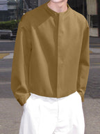 Men Casual Tops Solid Long Sleeve Crew Neck Zip-up Loose Thin Outdoor Formal Work Leisure Shirt, Chinese Size, Please Check The Size Guide Carefully - Khaki