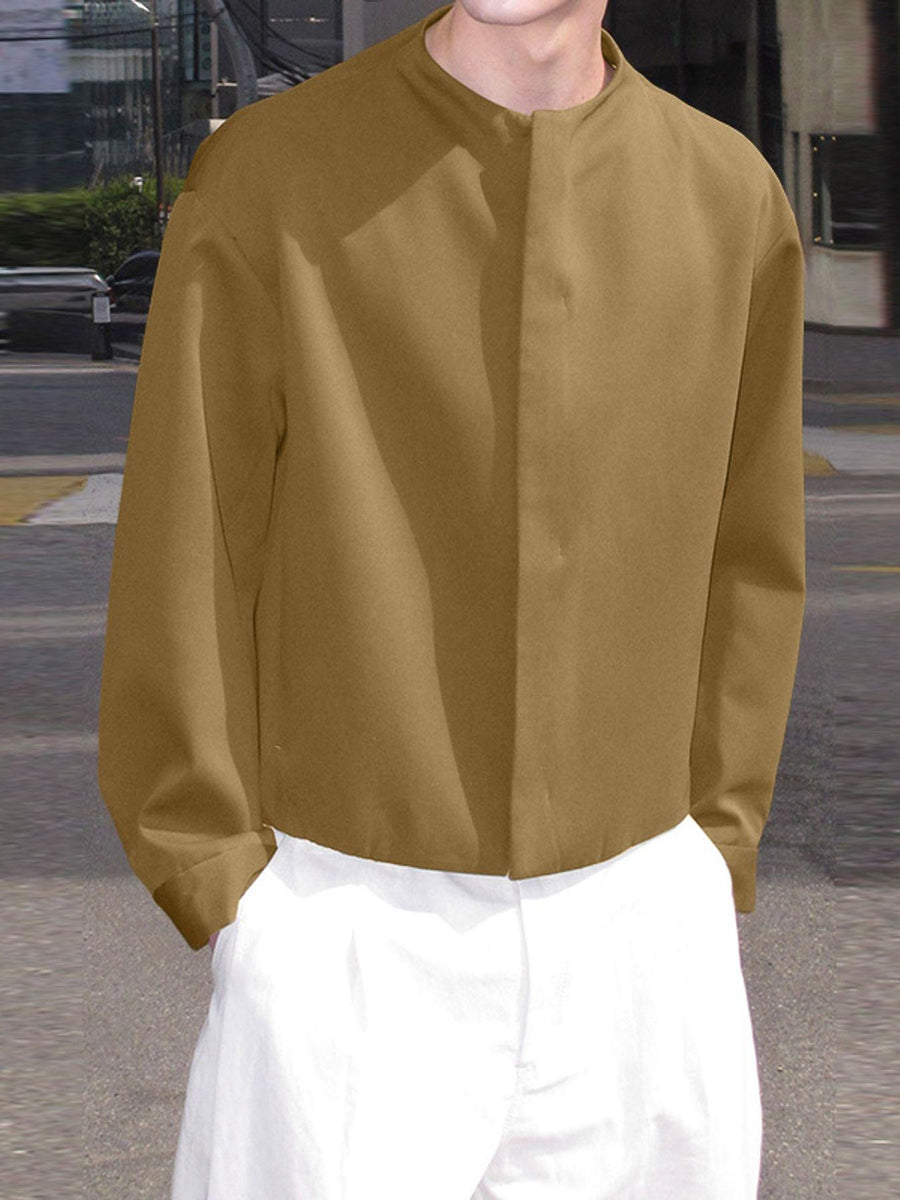 Men Casual Tops Solid Long Sleeve Crew Neck Zip-up Loose Thin Outdoor Formal Work Leisure Shirt, Chinese Size, Please Check The Size Guide Carefully - Khaki