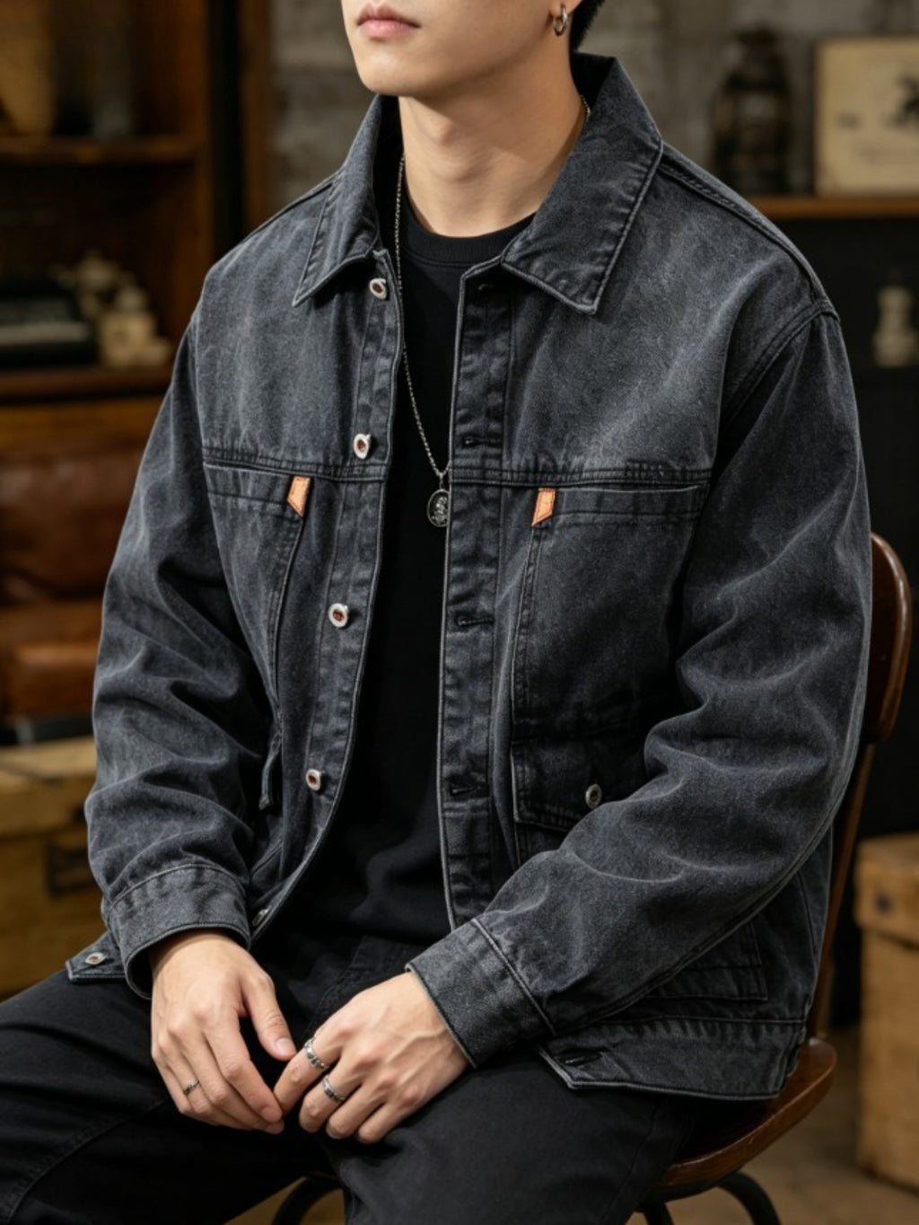 2026 Spring New Arrival Men's Heavyweight Denim Jacket, High Street Style, Fade-Resistant and Non-Deforming - Black Gray