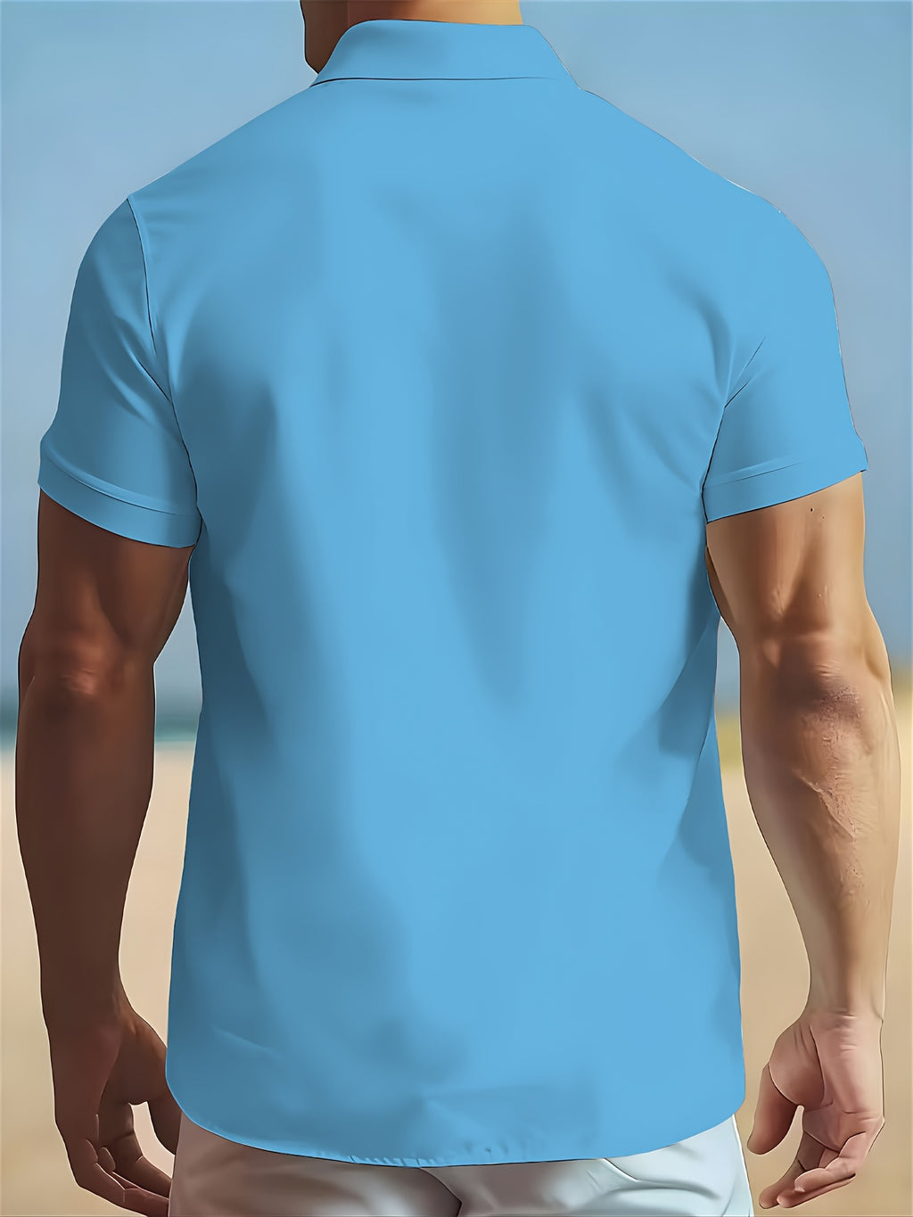 Men'S Solid Color Short Sleeve Shirt, Summer Lightweight Breathable Fabric, Classic Collar, Loose Fit, Textured Fabric, Suitable for Casual, Office & Weekend Wear, Short Sleeve Top, Non-Stretch Material, Durable Casualwear, Outdoor Casual - Sky Blue