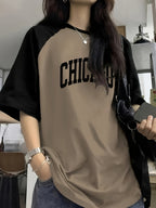 "CHICAGO" Letter Print, Color-Blocked Short Sleeves, Casual Short-Sleeve T-Shirt - Camel