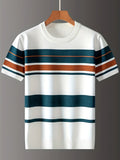 New Men'S Short-Sleeve Knitted T-Shirt for Summer, Trendy Brand with a Round Neck, Stylish Casual Striped Tee, Fashionable Men'S Clothing - White