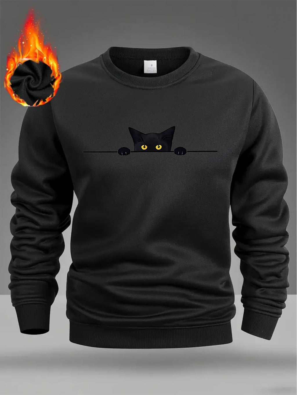 Men'S Stylish Print Sweatshirt Featuring a Cute Cat Design, Trendy Long-Sleeve Top, Round-Neck Sweatshirt, Streetwear Fashion, Perfect for Holiday Gifts - Black
