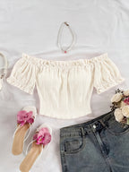 Women'S Bohemian Style Romantic Floral Vacation Style Floral Pattern Crop Off-Shoulder Top, Suitable for Daily Vacation Wear - Ivory White