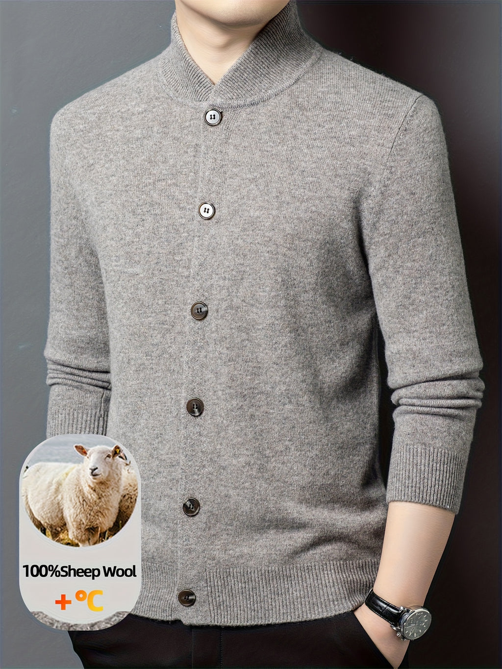 Xingfan OBM 2025 Autumn/Winter Men's 100% Wool Stand Collar Knit Cardigan, Crafted from Premium Pure Wool. Featuring a Simple yet Elegant Stand-up Collar and Single-breasted Button Design for Strong Warmth Retention. The Standard Fit Is Suitable - Gray Camel