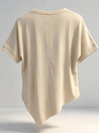 Women's Round Neck Irregular Hem Short Sleeve T-Shirt with Back Center Spliced Design, and Figure-Flattering, Versatile Daily Wear Base Layer Top - Apricot