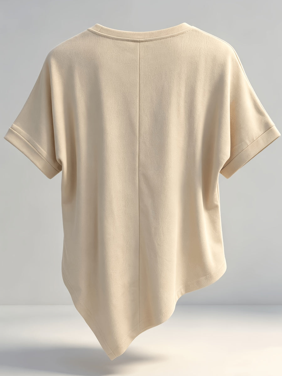 Women's Round Neck Irregular Hem Short Sleeve T-Shirt with Back Center Spliced Design, and Figure-Flattering, Versatile Daily Wear Base Layer Top - Apricot