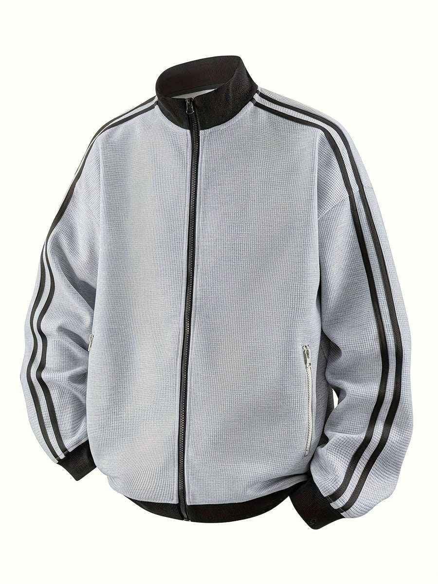 Men'S American Vintage Cardigan Sweatshirt, New Striped Stand-Up Collar, College Style Sports Casual Jacket for Spring And Autumn - Light Hemp Grey