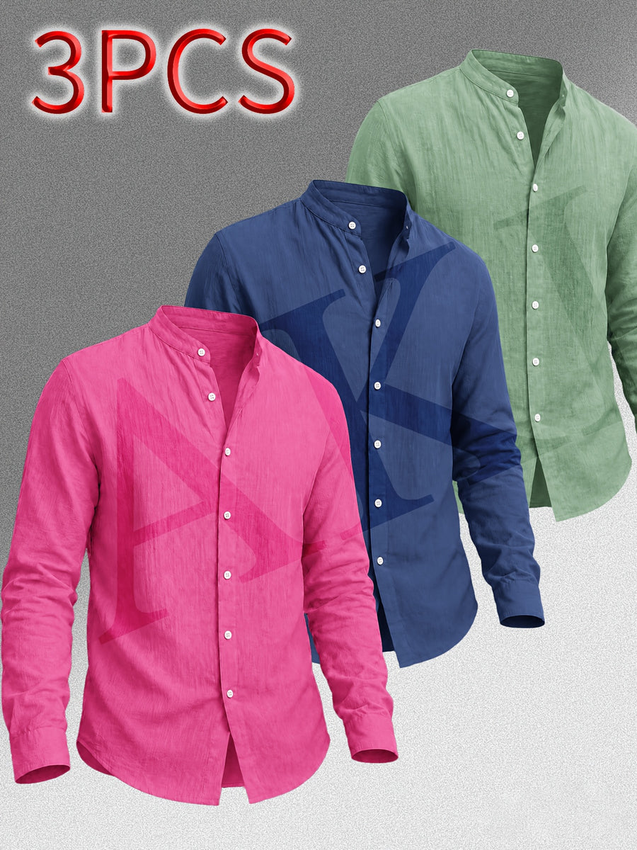 [Know And Give OBM] Men'S Clothing New Stand-Up Collar Solid Linen-Like Long Sleeve Shirt 3pcs Set, Minimalist Design, Spring Autumn Winter High-Quality Men'S Long Sleeve Button-Up Shirt - Suitable for Outdoor Leisure Vacation Formal Wear - Rose red + navy blue + green