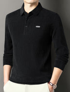Men's Spring/Autumn Lightweight Knitted Long-Sleeve Polo Shirt with Vertical Stripe Texture, Lapel Collar, Three-Button Placket, Business Casual Versatile Base Layer Top for Middle-Aged Men - Black