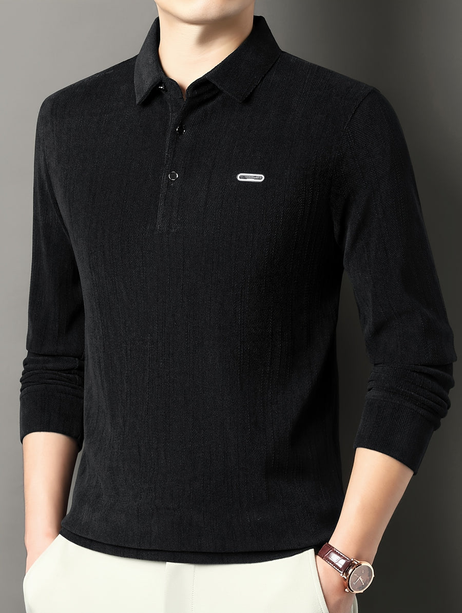 Men's Spring/Autumn Lightweight Knitted Long-Sleeve Polo Shirt with Vertical Stripe Texture, Lapel Collar, Three-Button Placket, Business Casual Versatile Base Layer Top for Middle-Aged Men - Black