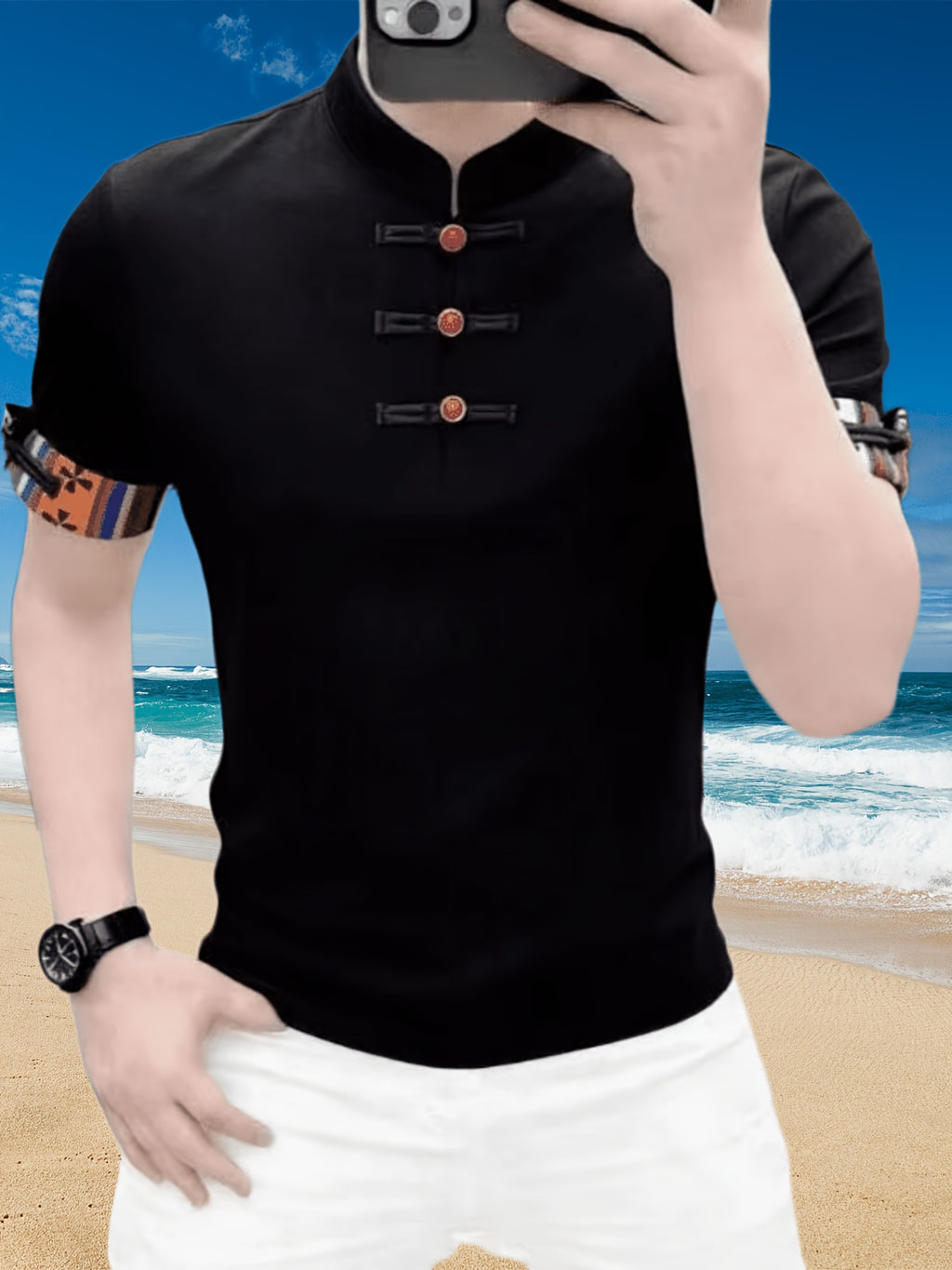 Men'S Chinese Style Short Sleeve Polo Shirt, Short Sleeve T-Shirt, Men'S Top with Button Design, Individual Colored Buttons, Designer Style - 10321D-3280