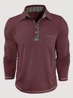 Men'S Retro Trendy Fashion Lapel Long Sleeve Polo Shirt, Casual Stylish Pocket Top T-Shirt - Burgundy