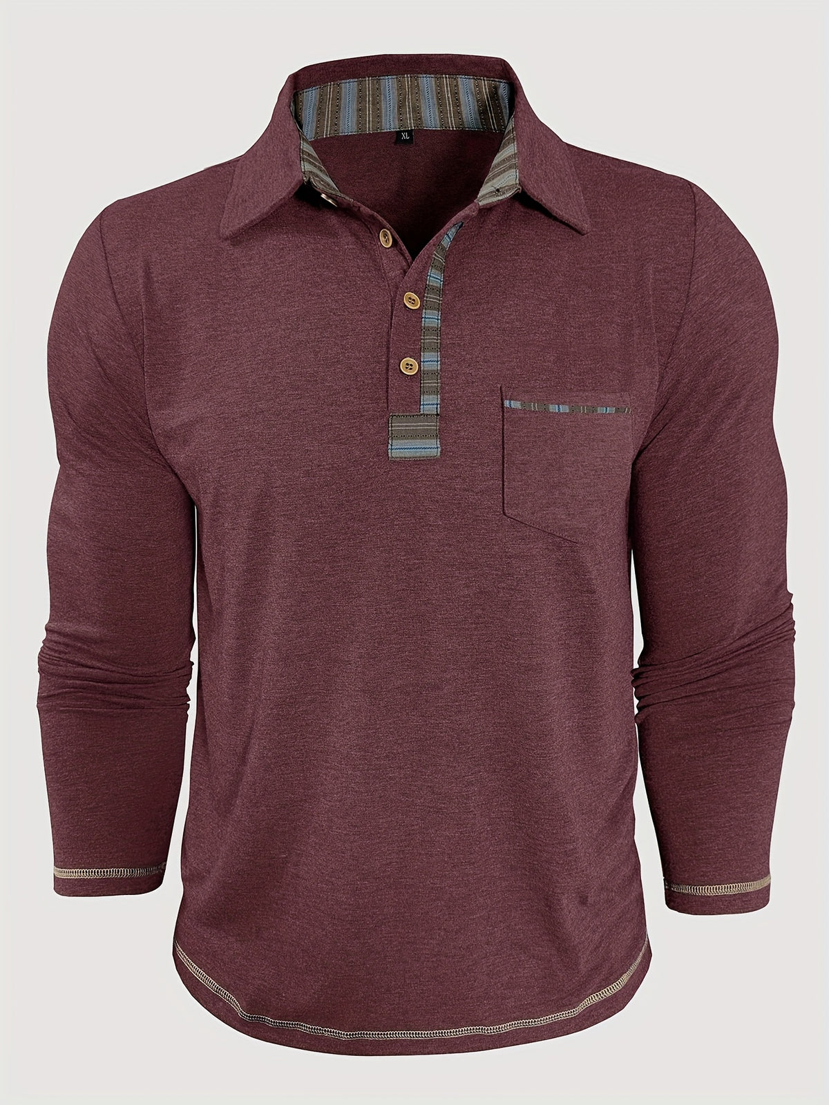 Men'S Retro Trendy Fashion Lapel Long Sleeve Polo Shirt, Casual Stylish Pocket Top T-Shirt - Burgundy