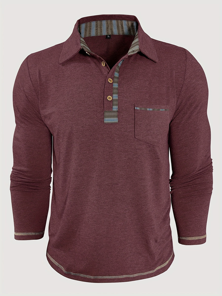 Men'S Retro Trendy Fashion Lapel Long Sleeve Polo Shirt, Casual Stylish Pocket Top T-Shirt - Burgundy