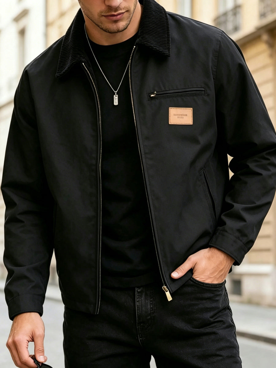 2026 American Heavyweight Workwear Coach Jacket for Men, Solid Color Lapel Versatile Jacket, Vintage Corduroy Lapel Workwear Jacket - Black