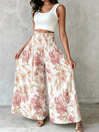 Women'S Floral Print Wide-Leg Pants High-Waist Ruched Waist Bohemian Style Long Trousers Flowy Vacation Pants - Multicolor 4