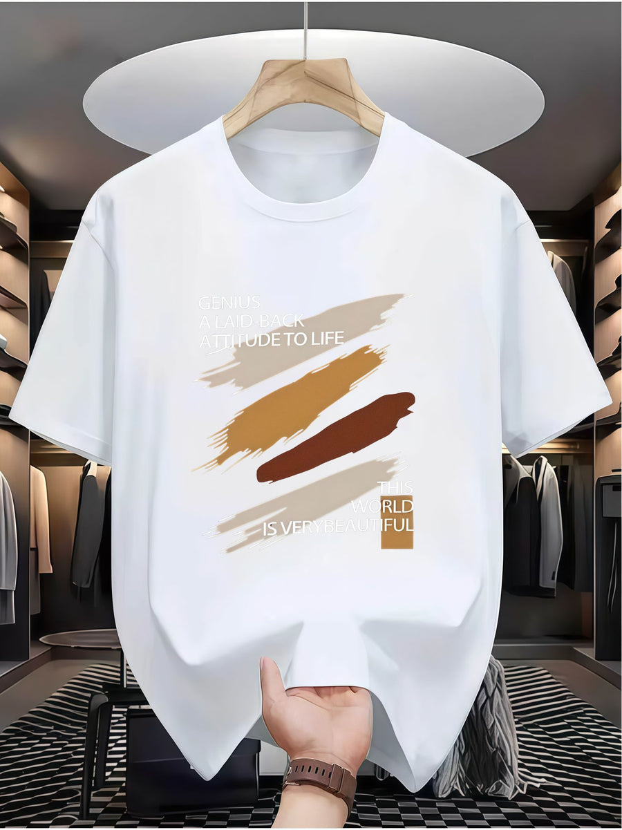 Men's Trendy Printed Short-Sleeve T-Shirt, Artistic Style Casual Top with English Slogans "GENIUS A LAID-BACK ATTITUDE to LIFE" and "THIS WORLD IS VERY BEAUTIFUL," Earth-Tone Brushstroke Design - White