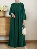 2025 New Muslim Women'S Robe Caramel Color Fashion Casual Bubble Sleeve Easy Loose Solid Color Dress Without Headscarf - Dark Green