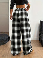 Women'S Plaid Wide-Leg Pocket Drawstring Casual Fashion Fall Winter Trousers - Black