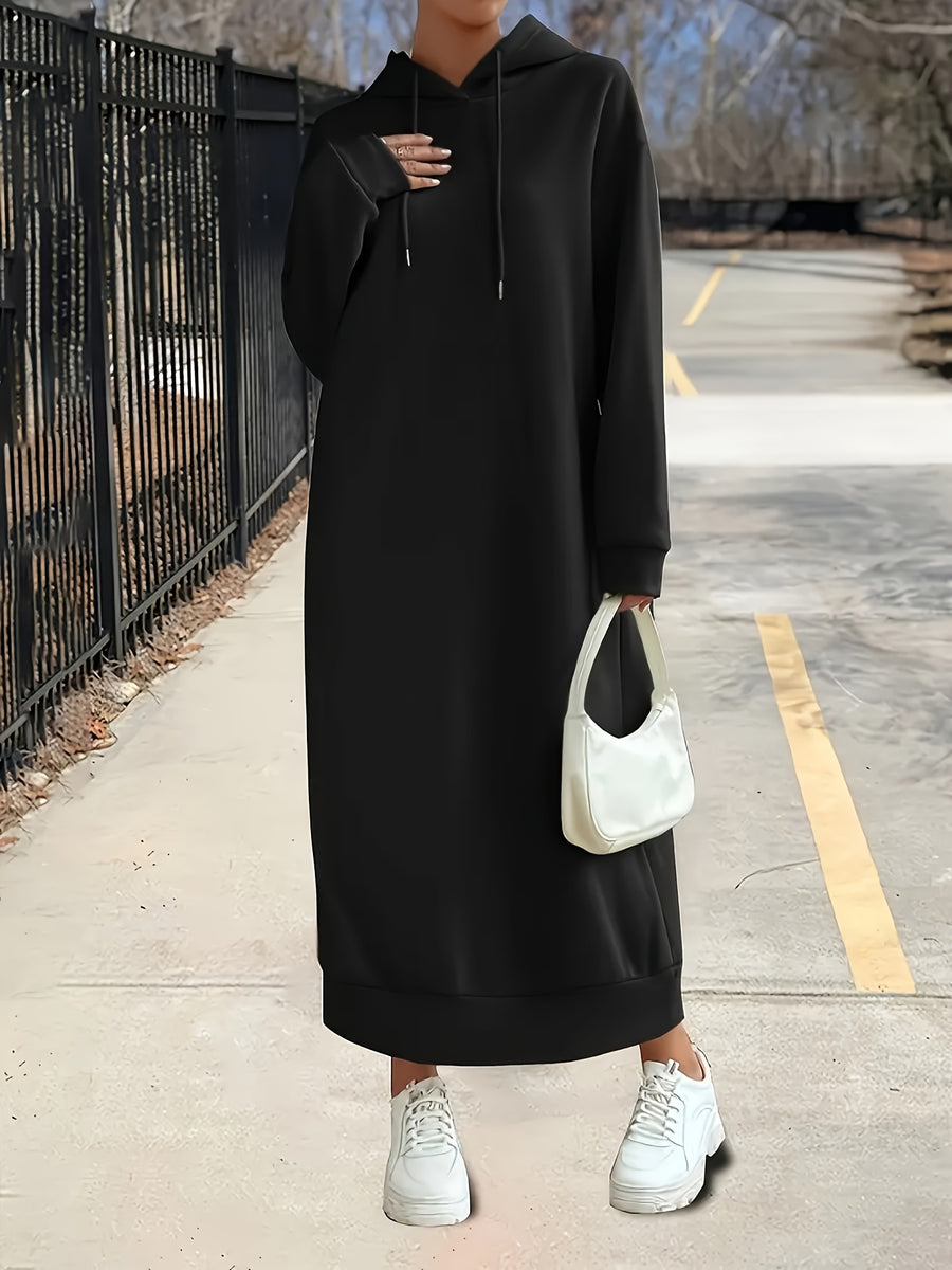 Autumn And Winter Fashion European And American Women'S Long Sleeve Hooded Sweatshirt Dress - Black