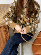Cream-based Orange and Blue Floral Cardigan, Women's Round Neck Vintage Pastoral Style Loose Layering Top Coat - ginger-colored