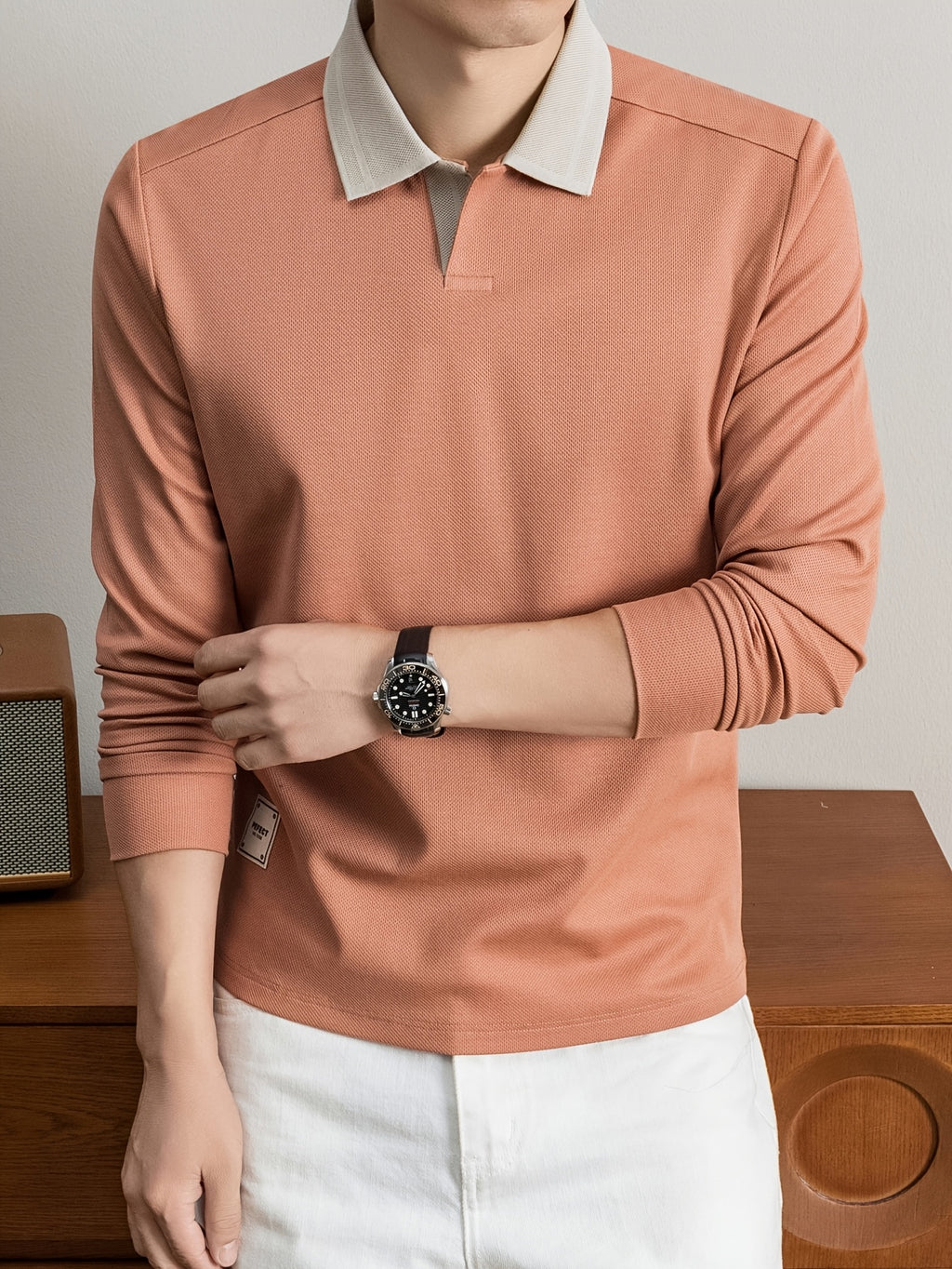 2026 Autumn Men'S Long Sleeve T-Shirt Casual Solid Color Seagull Collar Lapel POLO Shirt - Orange-Red