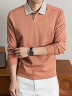 2026 Autumn Men'S Long Sleeve T-Shirt Casual Solid Color Seagull Collar Lapel POLO Shirt - Orange-Red