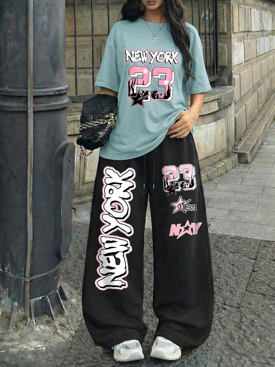 NEW YORK" and Number 23 Print Casual Streetwear Crew Neck Short Sleeve Top and Loose Drawstring Long Pants 2pcs Set, Women's Jersey Sporty Style Outfit, Suitable for Summer Street Style Hot - Blue+black